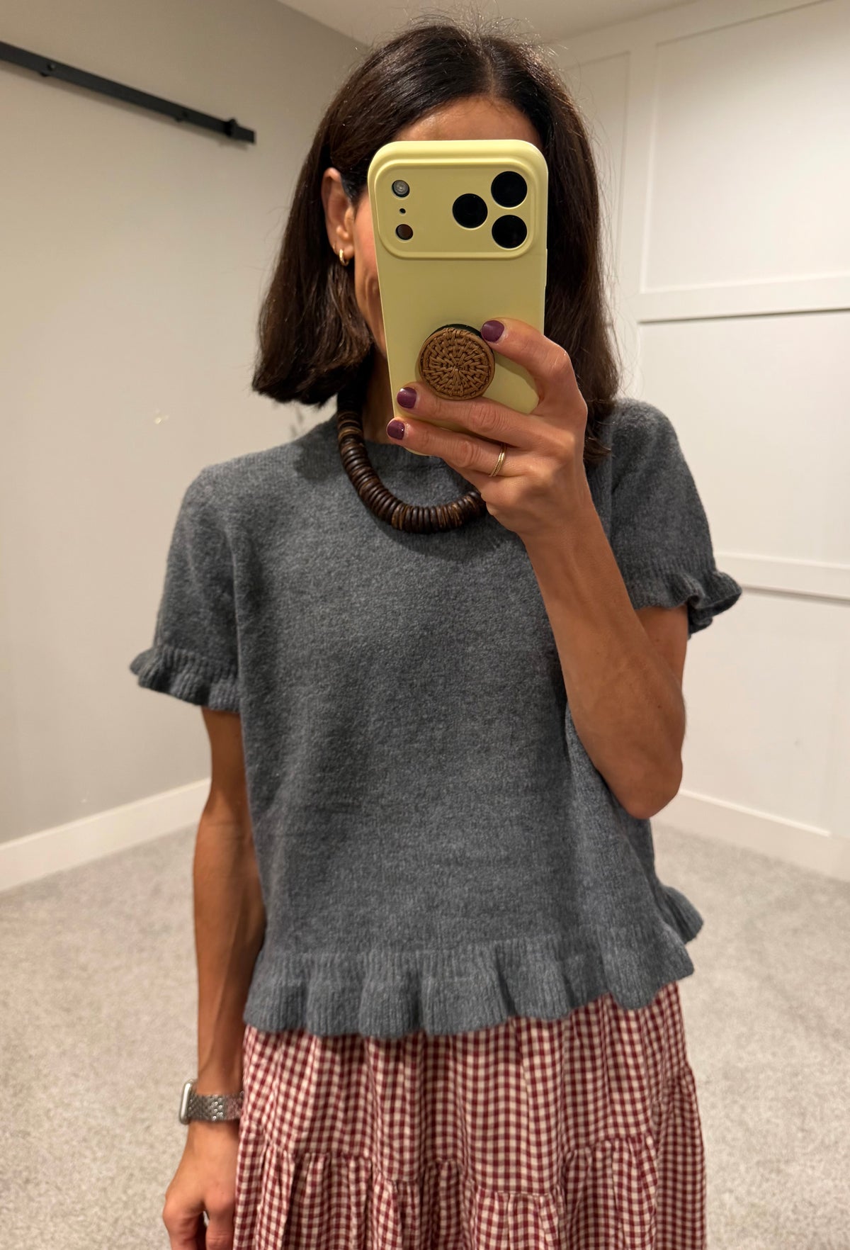 Ruffle Hem Short Sleeve Sweater Top | Charcoal