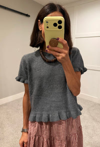 Ruffle Hem Short Sleeve Sweater Top | Charcoal