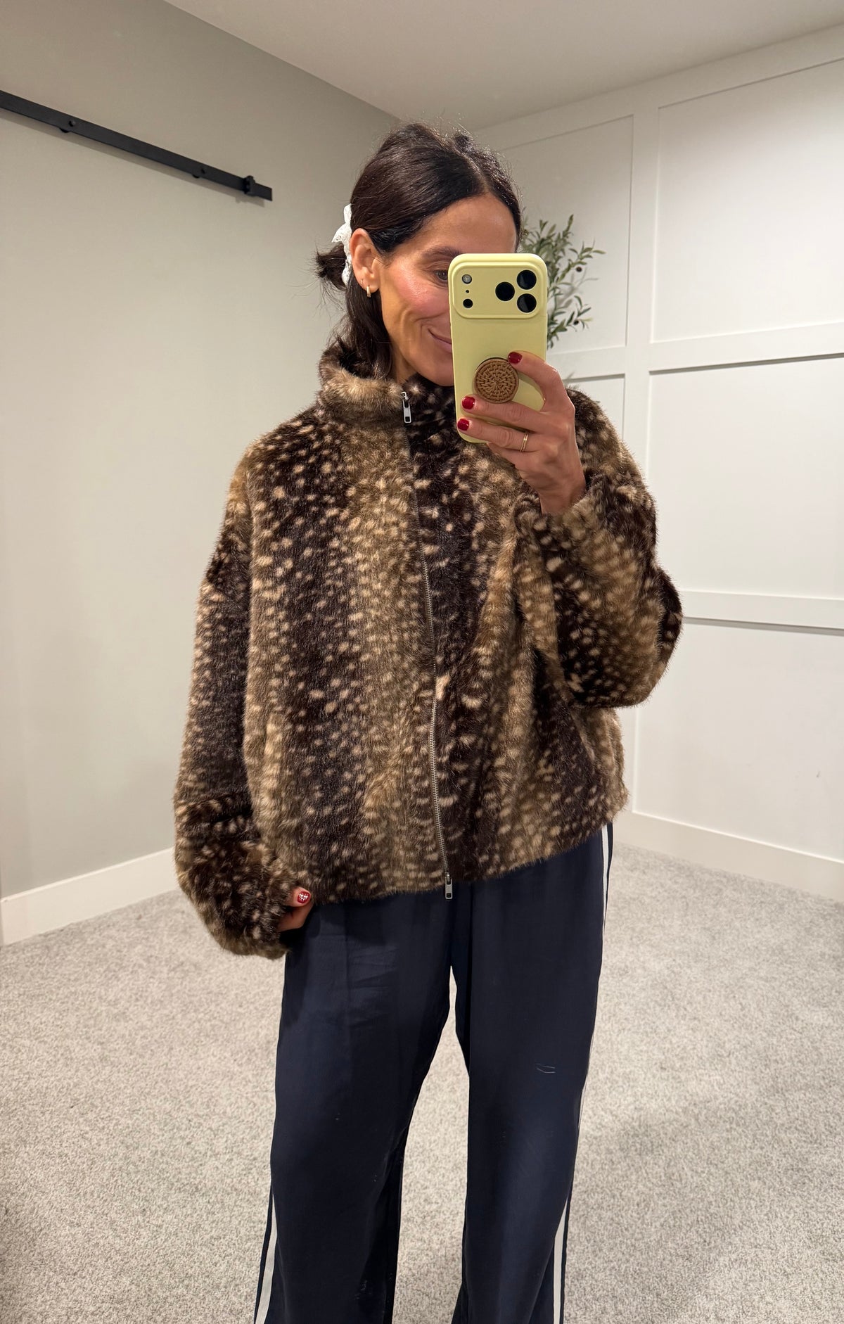 Faux Fur Deer Print Zip Jacket | Dark Taupe-Brown
