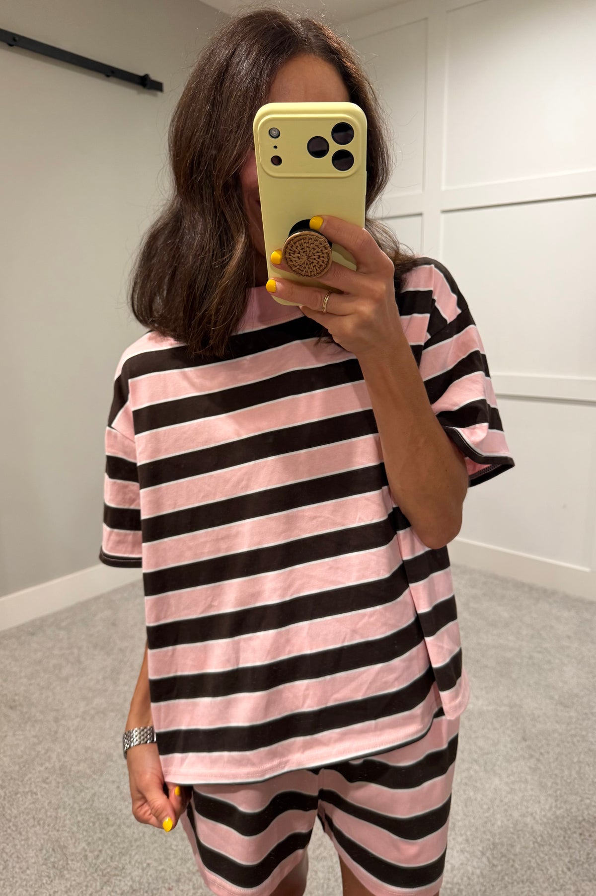 Sheila Mock Neck Striped SHORT SLEEVE Top | Pink/Brown