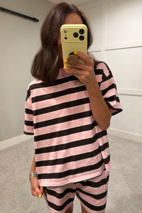 Sheila Mock Neck Striped SHORT SLEEVE Top | Pink/Brown