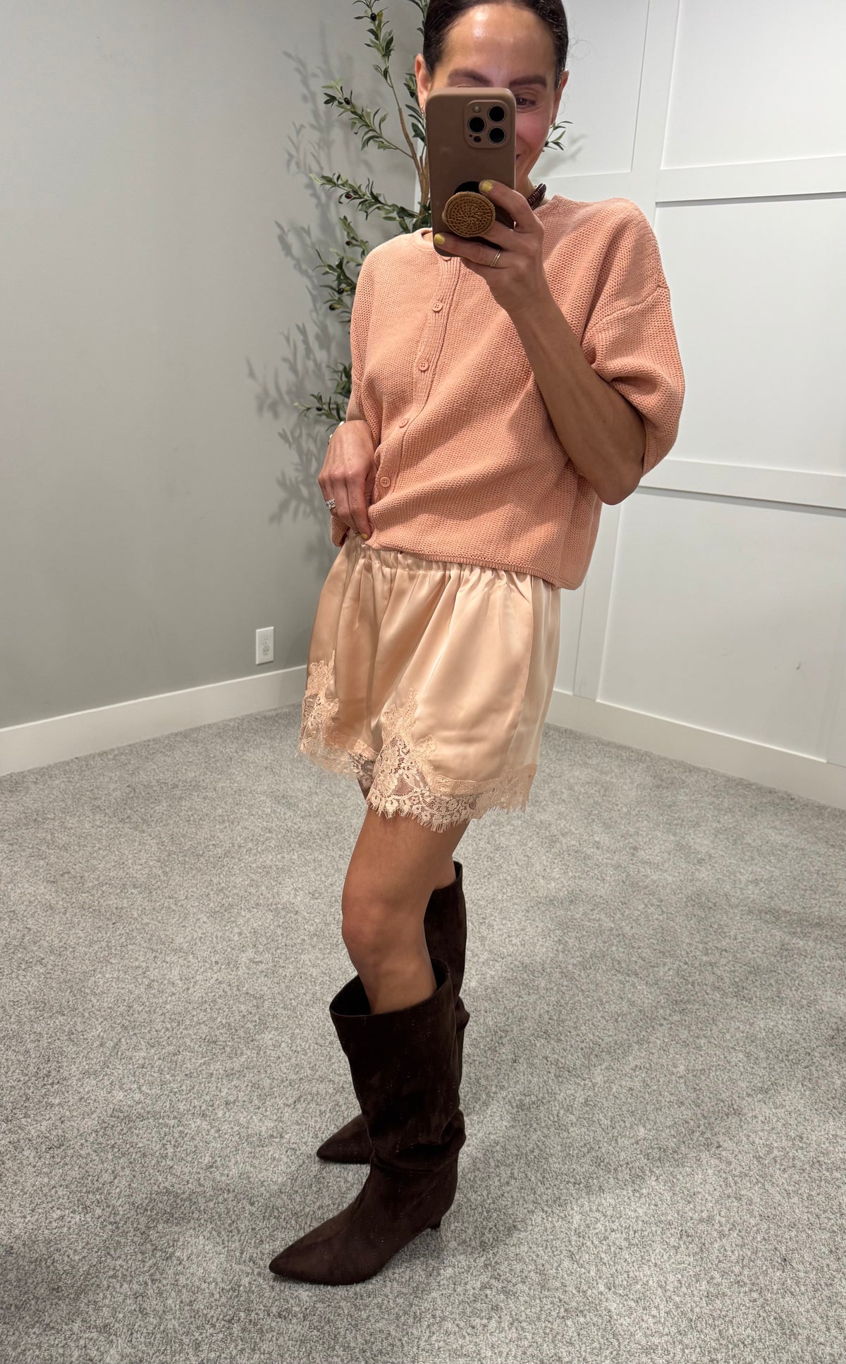 Lace Trim Shorts | Peach