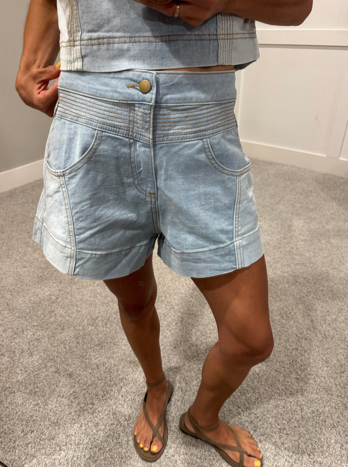 Willa DENIM COLOR BLOCKED SHORTS | Color Block