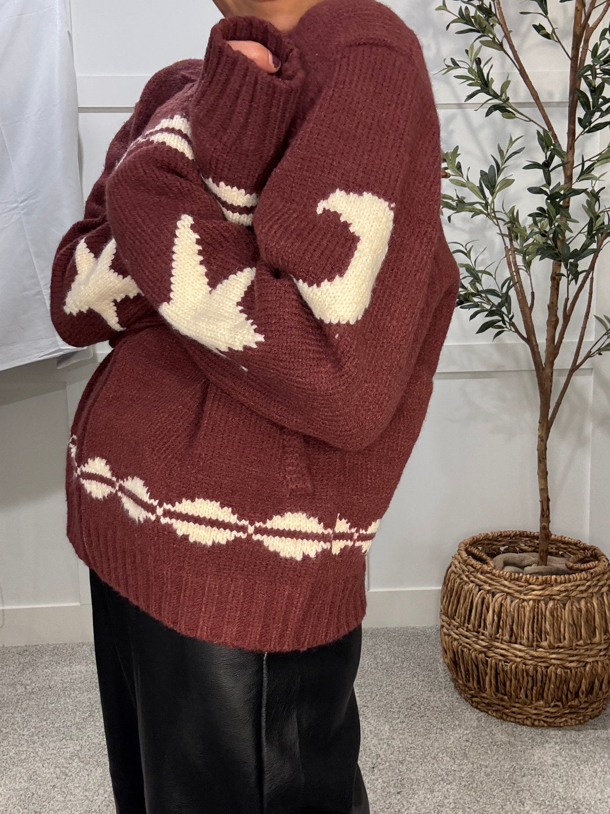 Cozy Pattern Zip Sweater Jacket | Wine