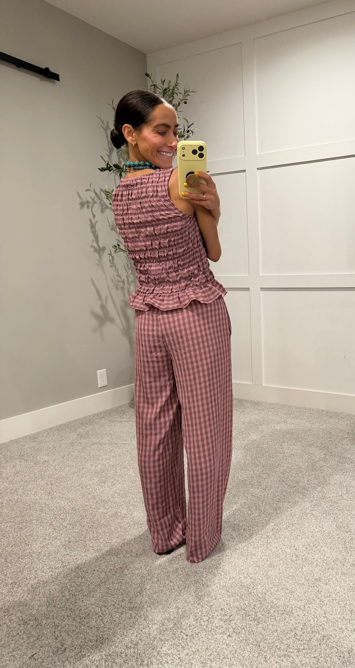 Gingham Print Drawstring Pants | Mauve