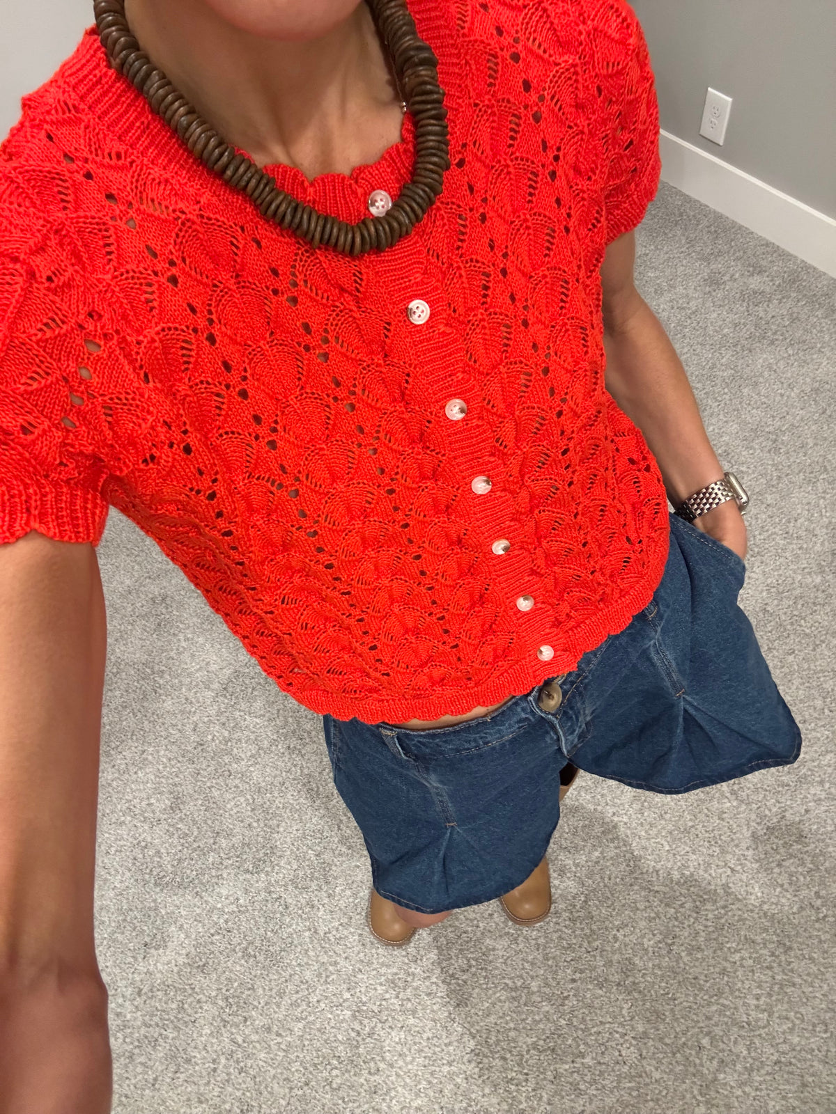 Pointelle Knit Top | Tomato Red
