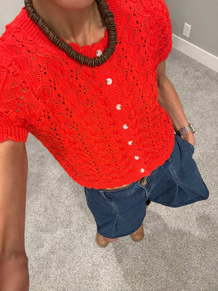 Pointelle Knit Top | Tomato Red