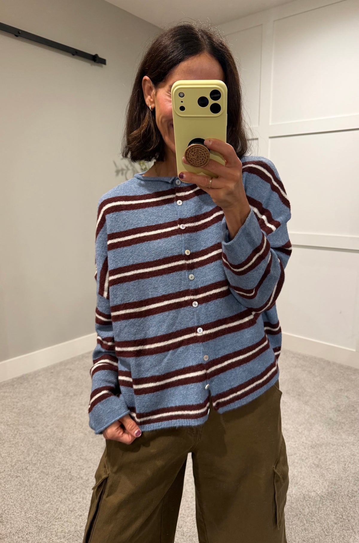 Piper Varsity Striped Cardigan | Dusty Blue/Maroon