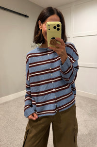 Piper Varsity Striped Cardigan | Dusty Blue/Maroon
