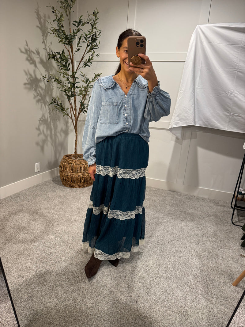 Denim Round Collar Button Down