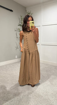 Button Detail Dress | Tan Brown