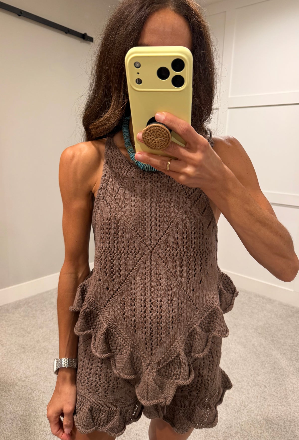 Pointelle Crochet-Knit Top | Brown