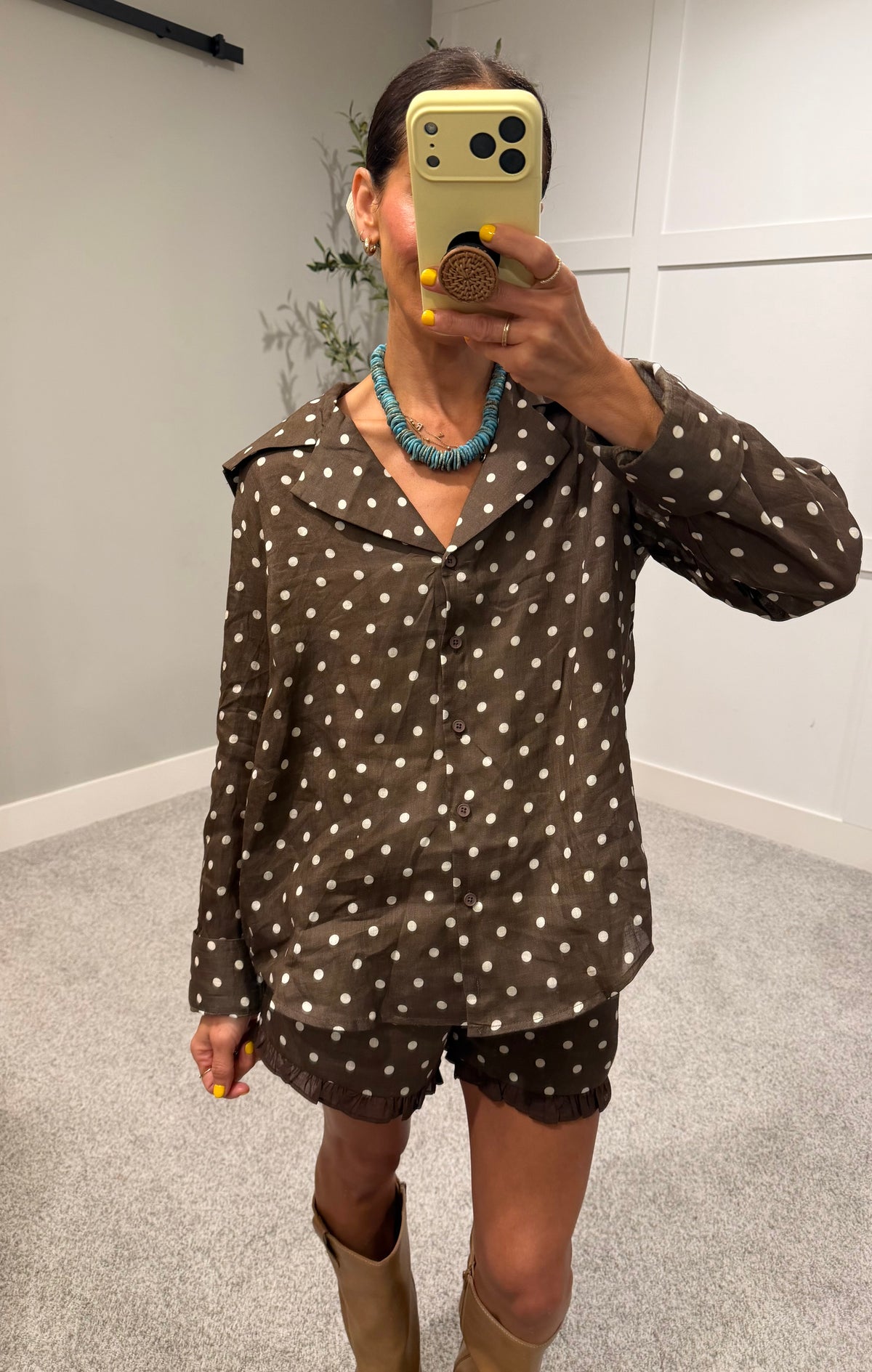 Maggie Polka Dot Collared Set | Brown/Cream