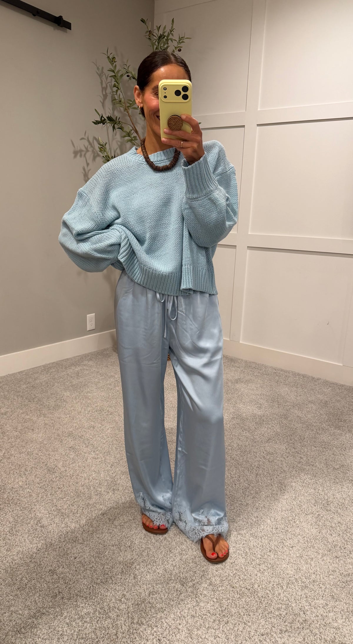 Mireya Satin Lace Trim Pants | Blue