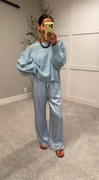 Mireya Satin Lace Trim Pants | Blue