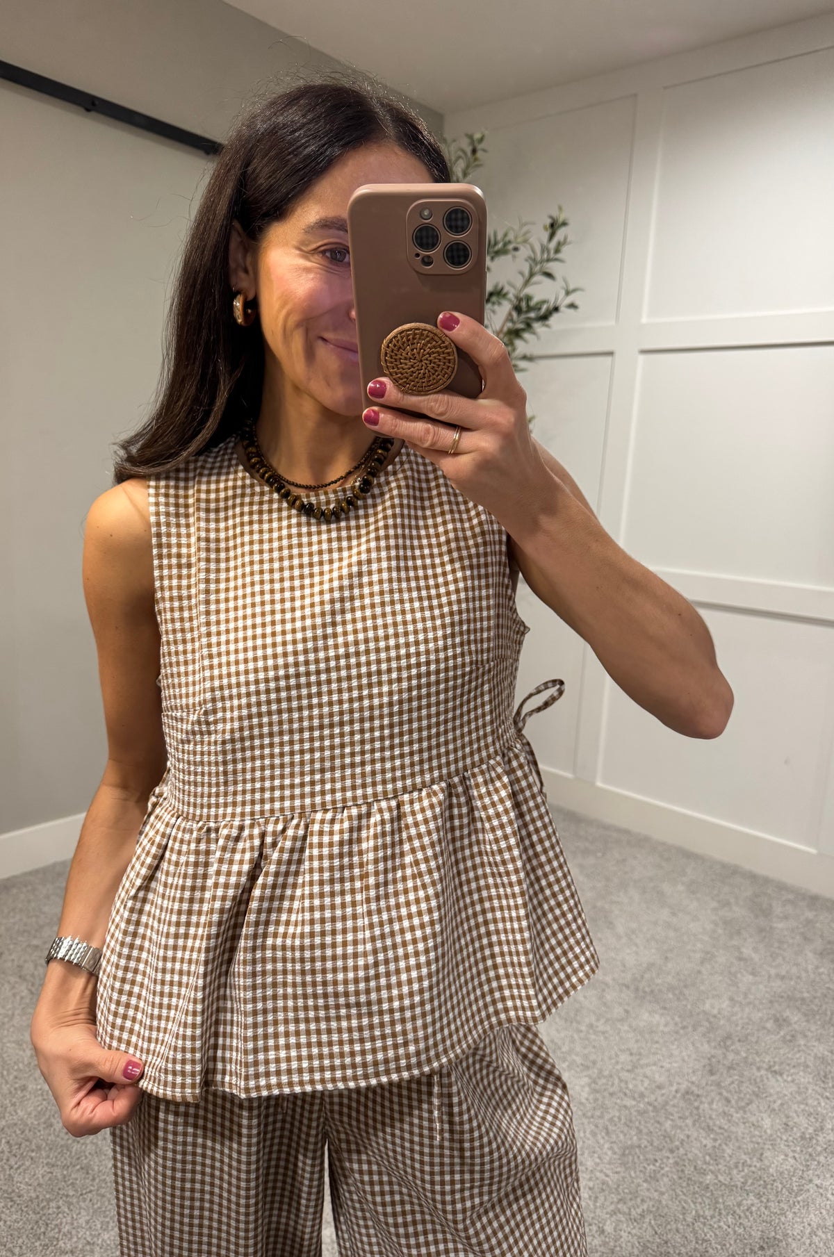 Peplum Gingham Top | Brown