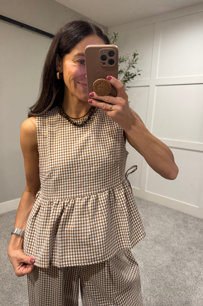 Peplum Gingham Top | Brown