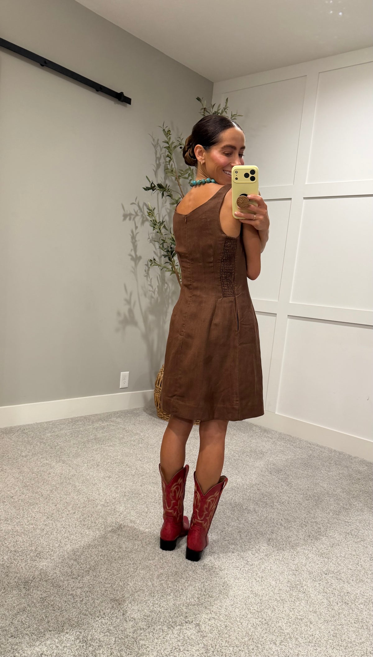 Linen Square Neck Mini Dress | Brown