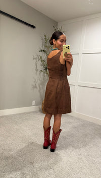 Linen Square Neck Mini Dress | Brown