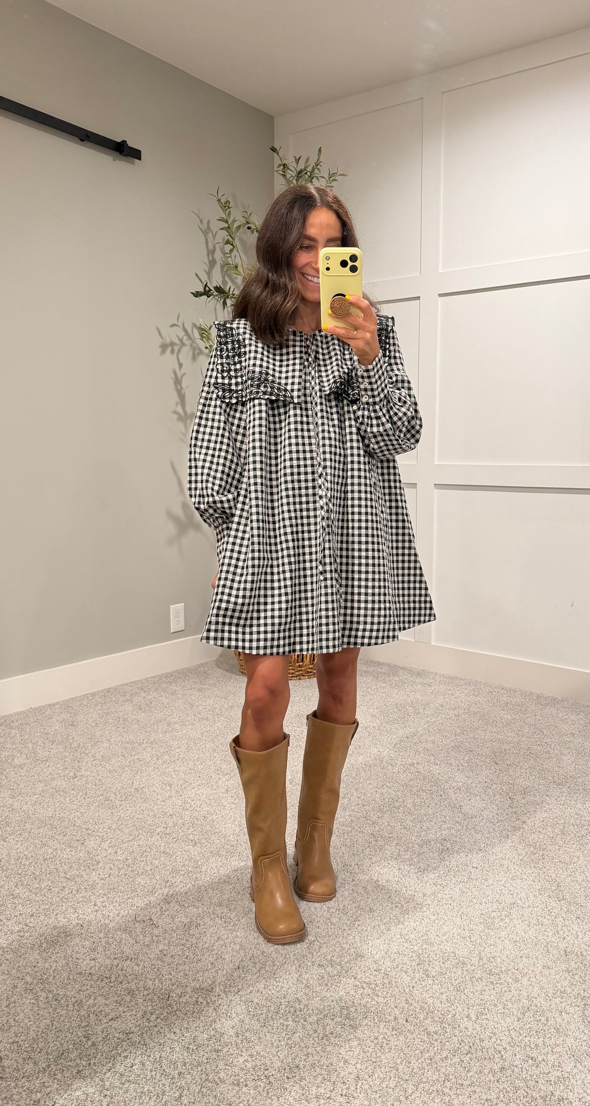 Riley Embroidered Collar Gingham Dress | Black/White