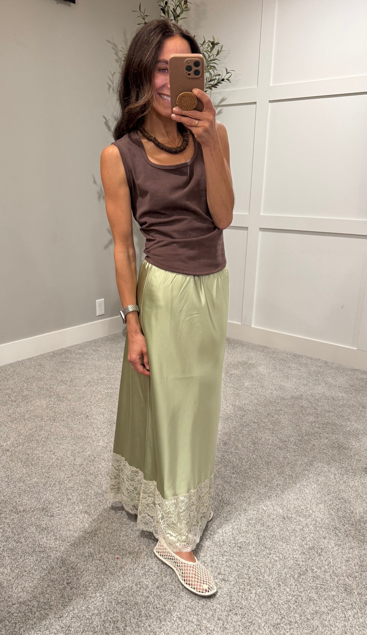 Satin Lace Skirt | Matcha