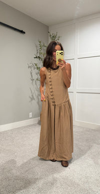 Button Detail Dress | Tan Brown