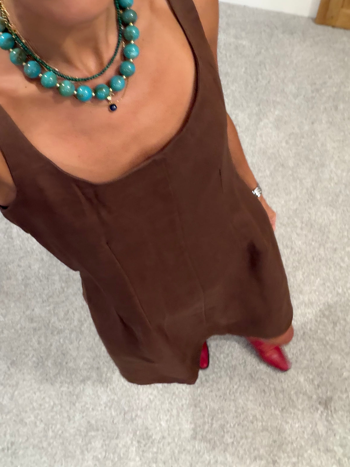 Linen Square Neck Mini Dress | Brown