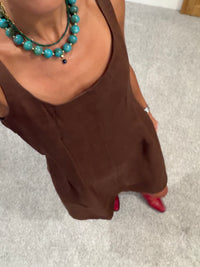 Linen Square Neck Mini Dress | Brown