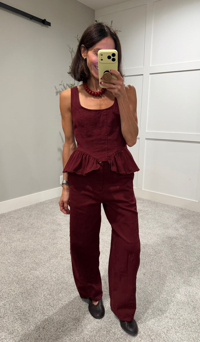 Peppa Peplum Denim Set | Burgundy