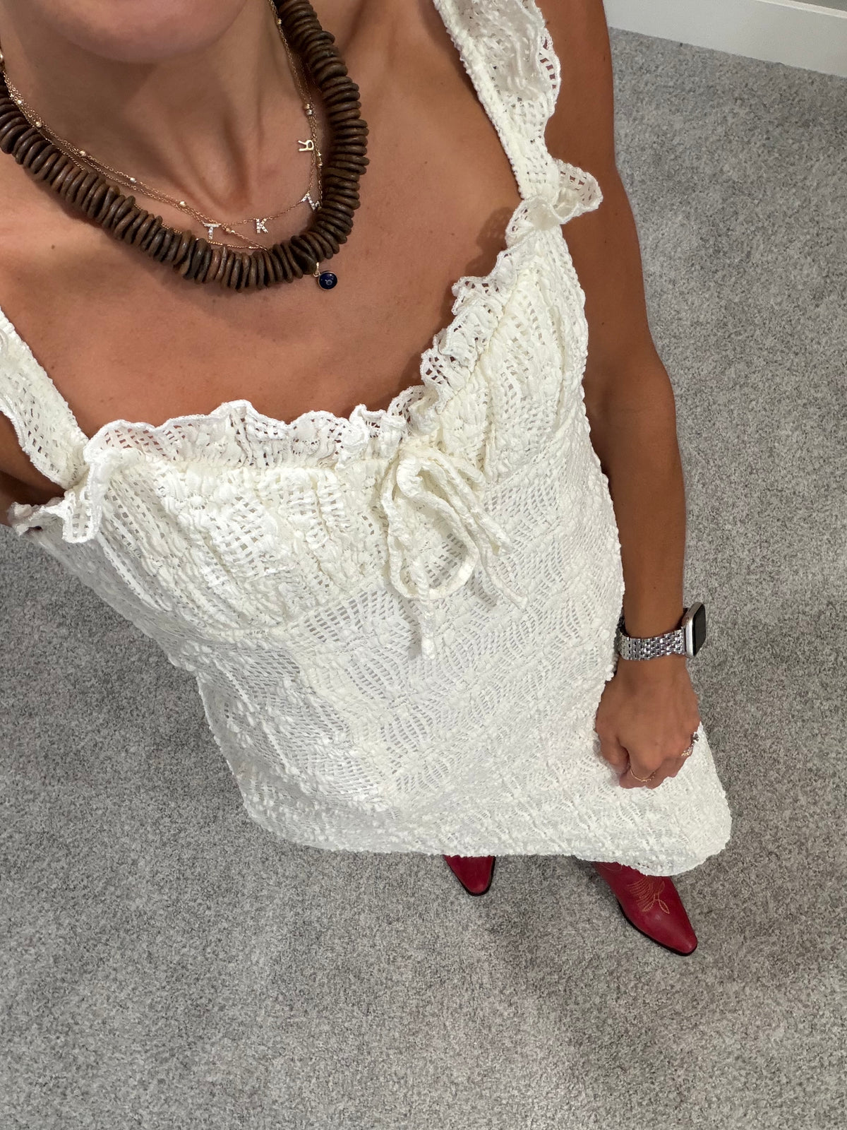 Knit Floral Lace Ruffled Midi Dress | Cream