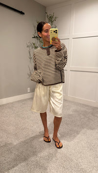 Etta Striped Henley Knit Sweater | Brown/Cream