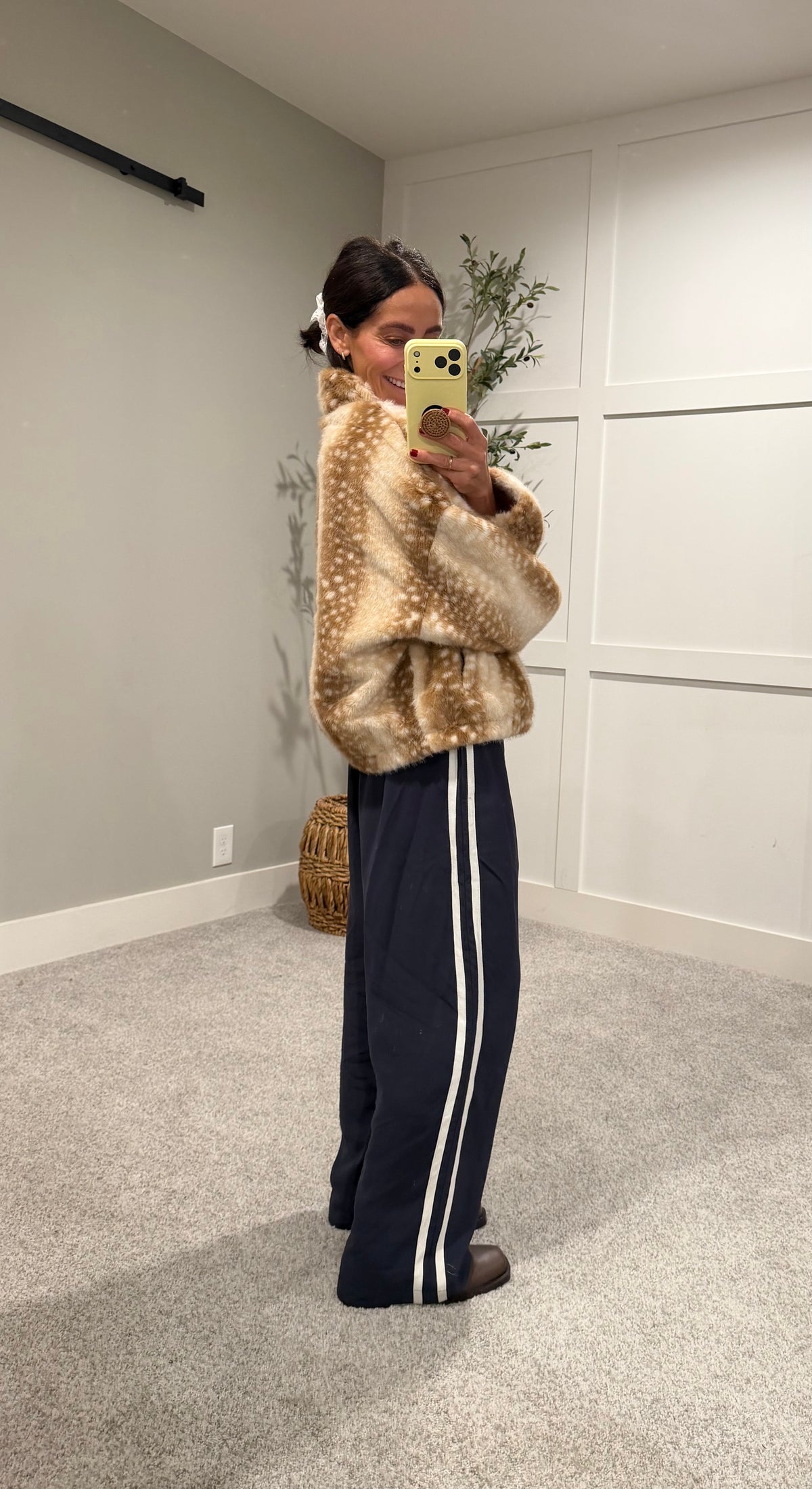 Faux Fur Deer Print Zip Jacket | Light Beige-Brown