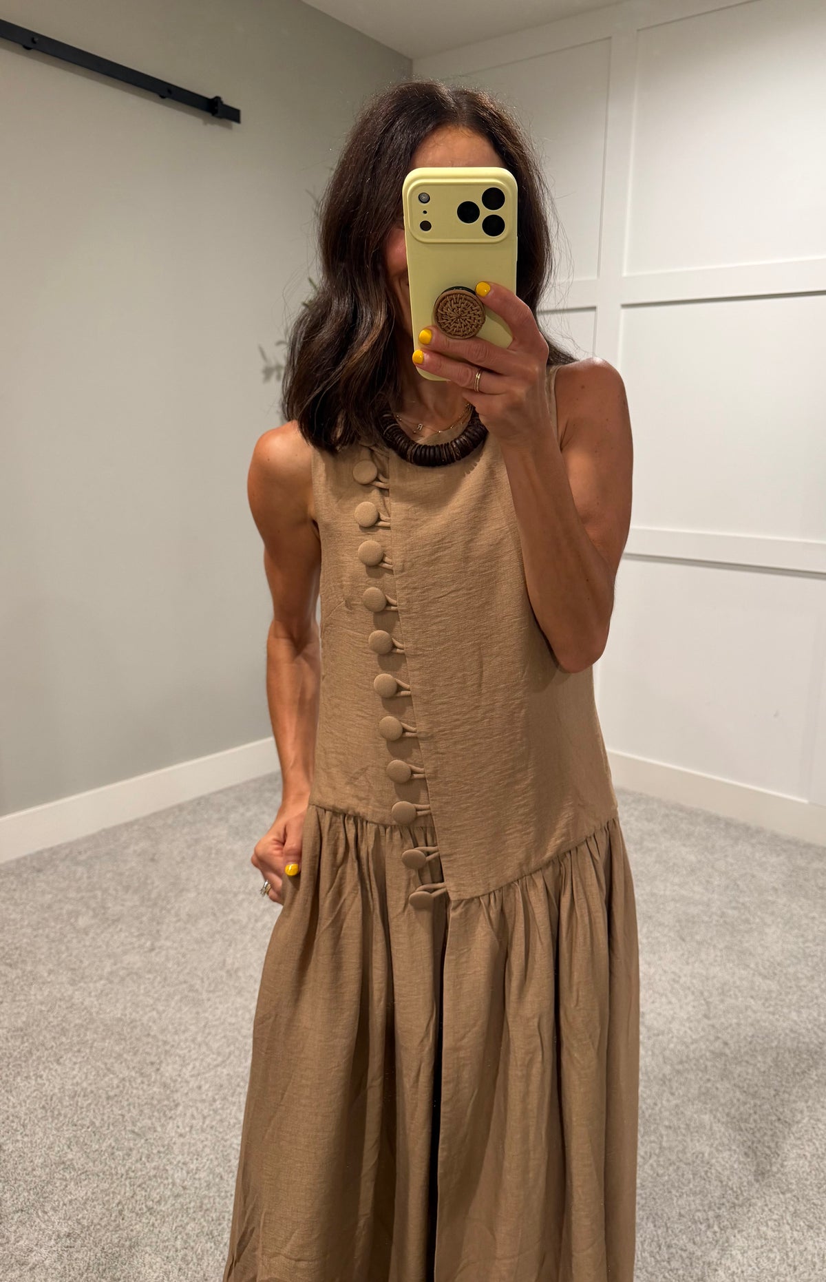 Button Detail Dress | Tan Brown