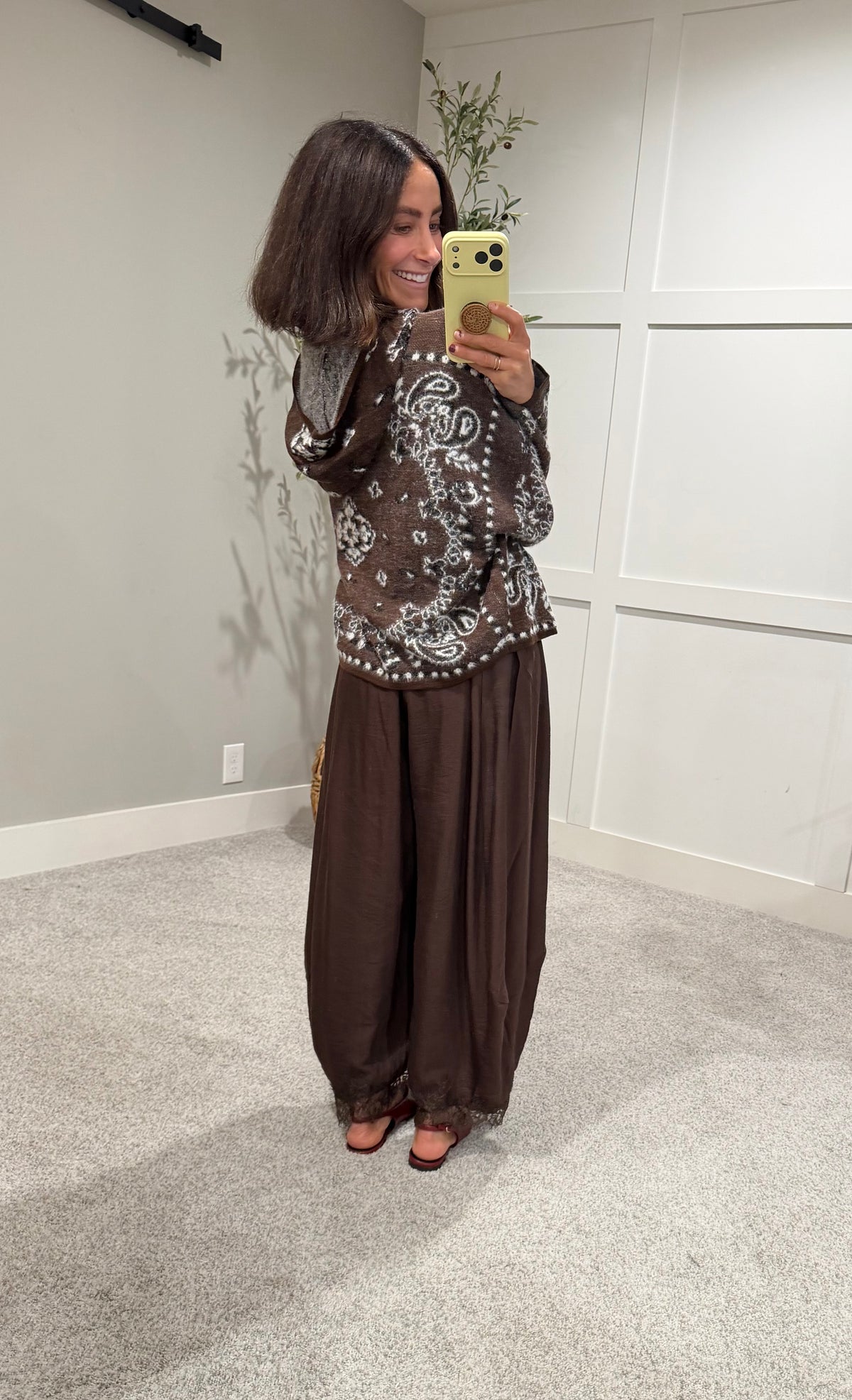 Pine Fuzzy Knit Hoodie Cardigan | Brown Paisley Bandana Print