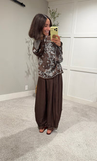 Pine Fuzzy Knit Hoodie Cardigan | Brown Paisley Bandana Print
