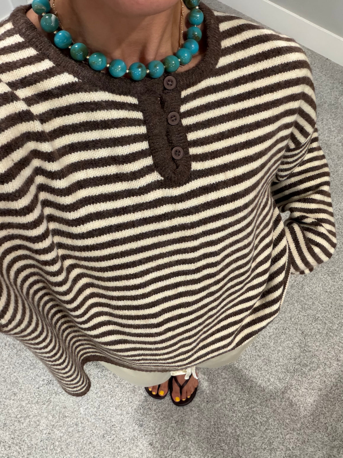 Etta Striped Henley Knit Sweater | Brown/Cream