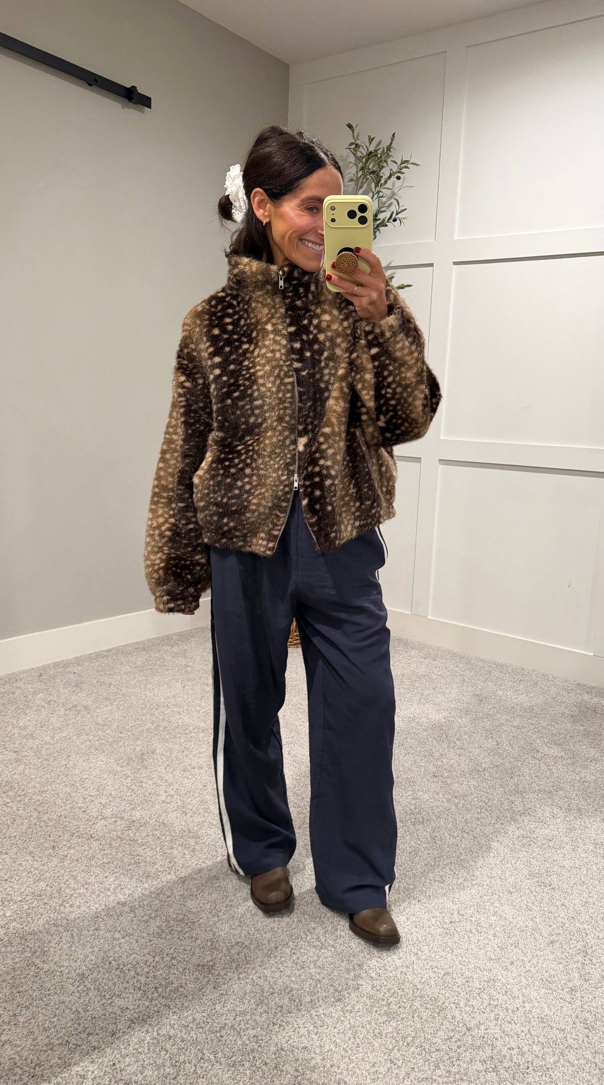 Faux Fur Deer Print Zip Jacket | Dark Taupe-Brown