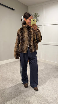 Faux Fur Deer Print Zip Jacket | Dark Taupe-Brown