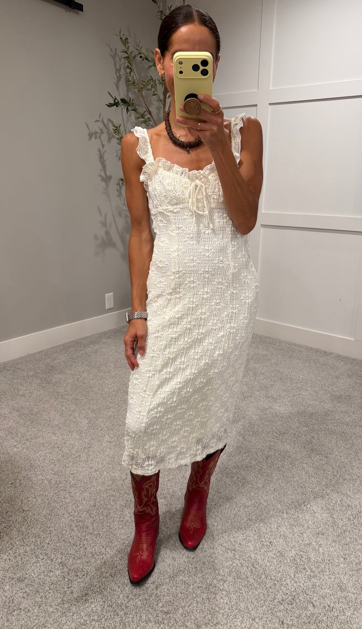 Knit Floral Lace Ruffled Midi Dress | Cream