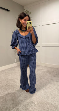Baron Ruffle Pant Set | Navy/Blue Gingham Print