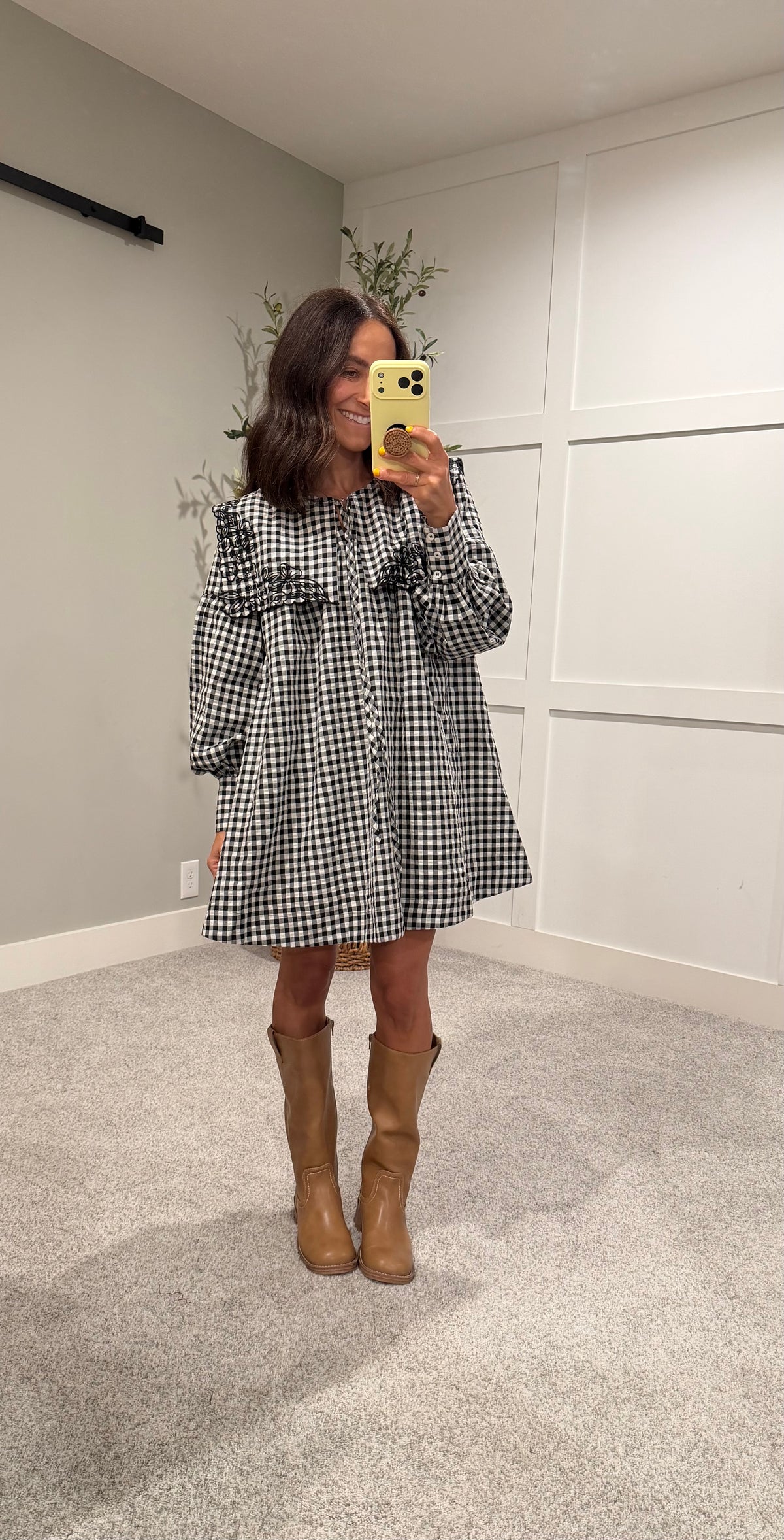 Riley Embroidered Collar Gingham Dress | Black/White