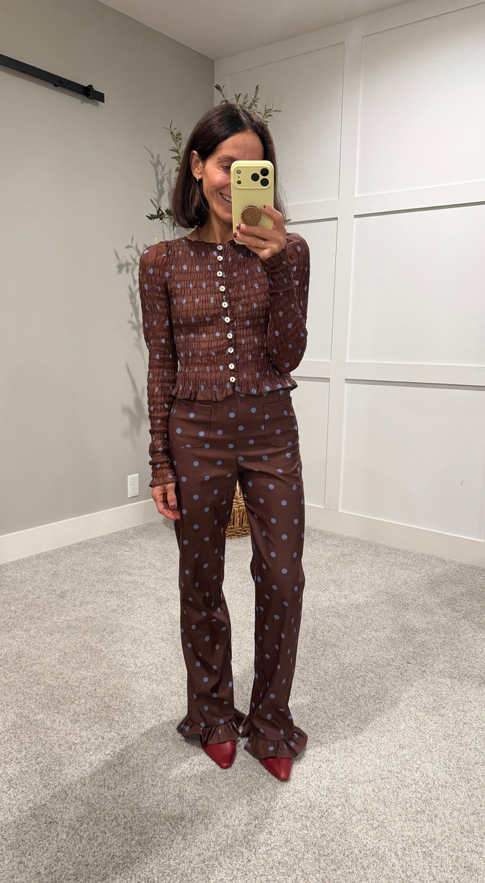 Ashton Top | Brown/Blue Polka Dot