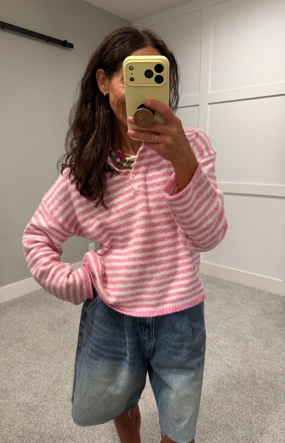 Piper Henley Striped Sweater | Bubblegum