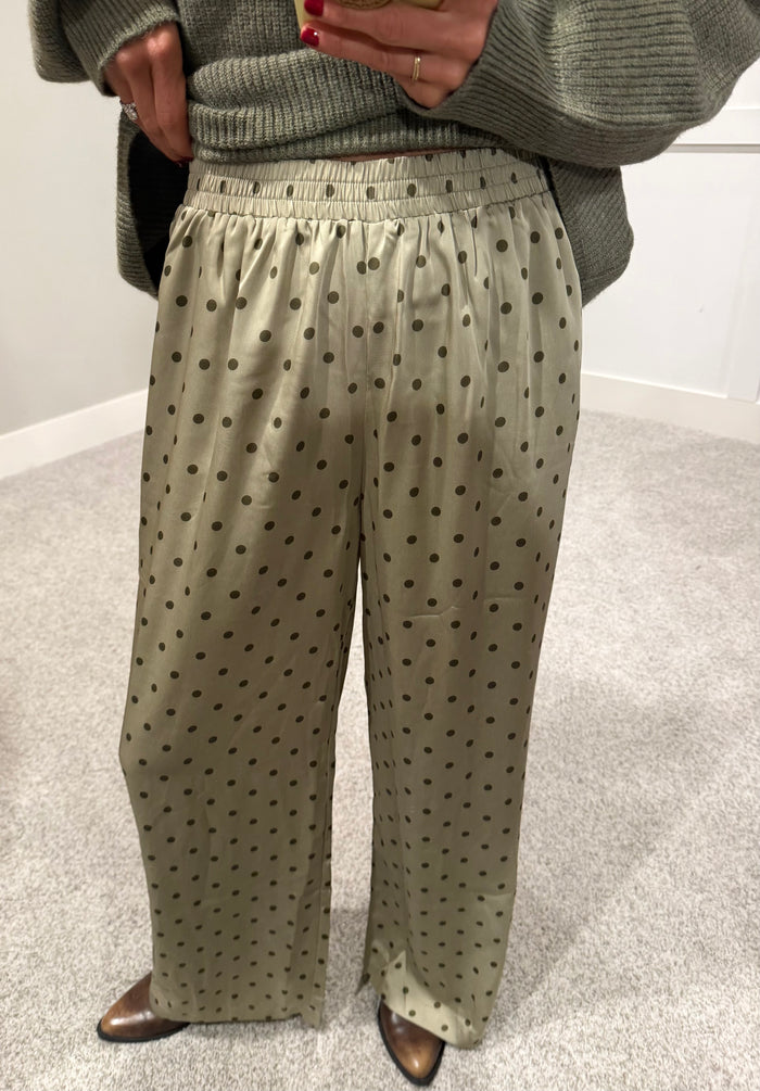 Olive Satin Polka Dot Pants | Light/Olive Green
