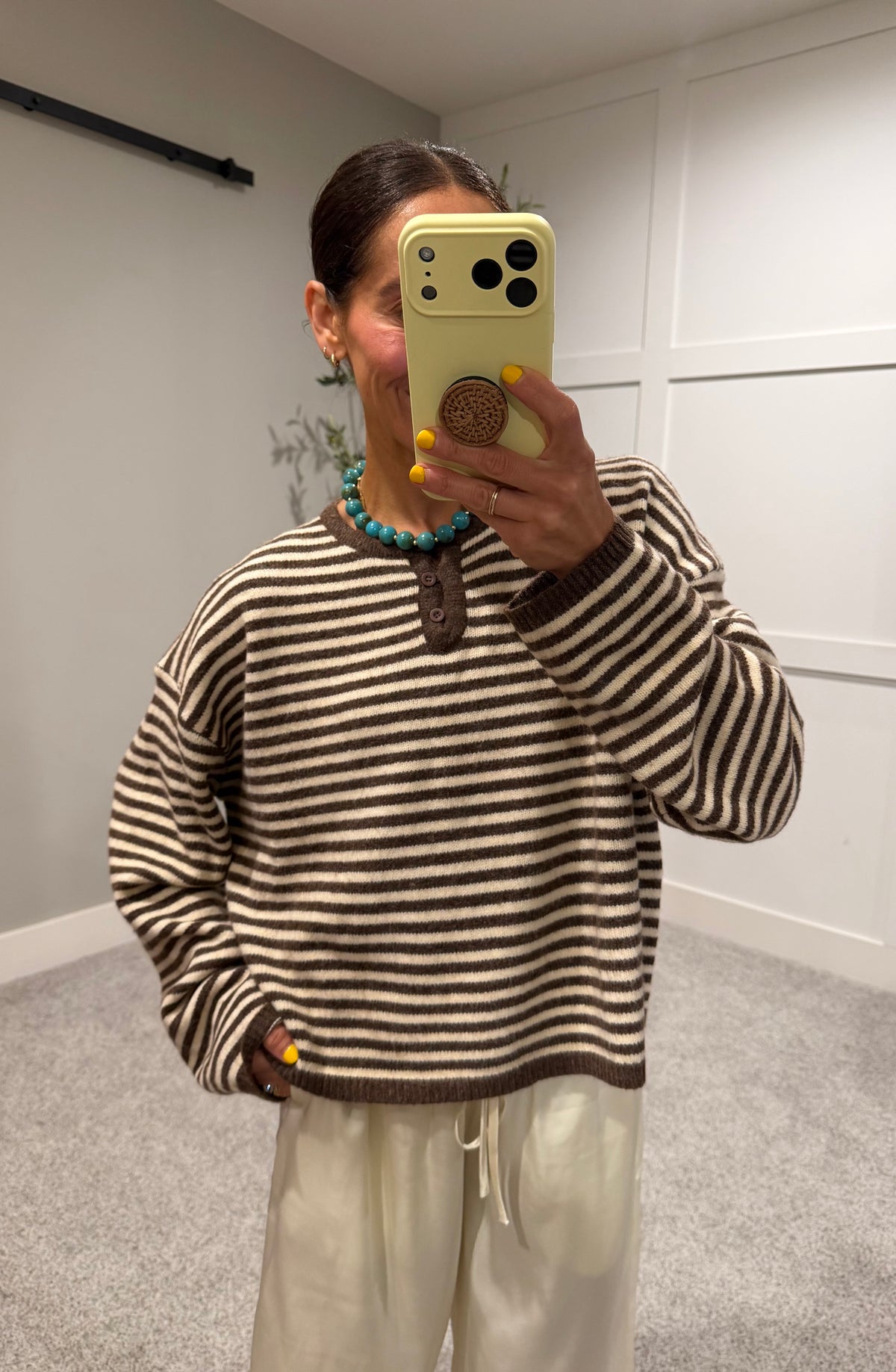 Etta Striped Henley Knit Sweater | Brown/Cream