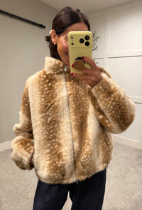Faux Fur Deer Print Zip Jacket | Light Beige-Brown