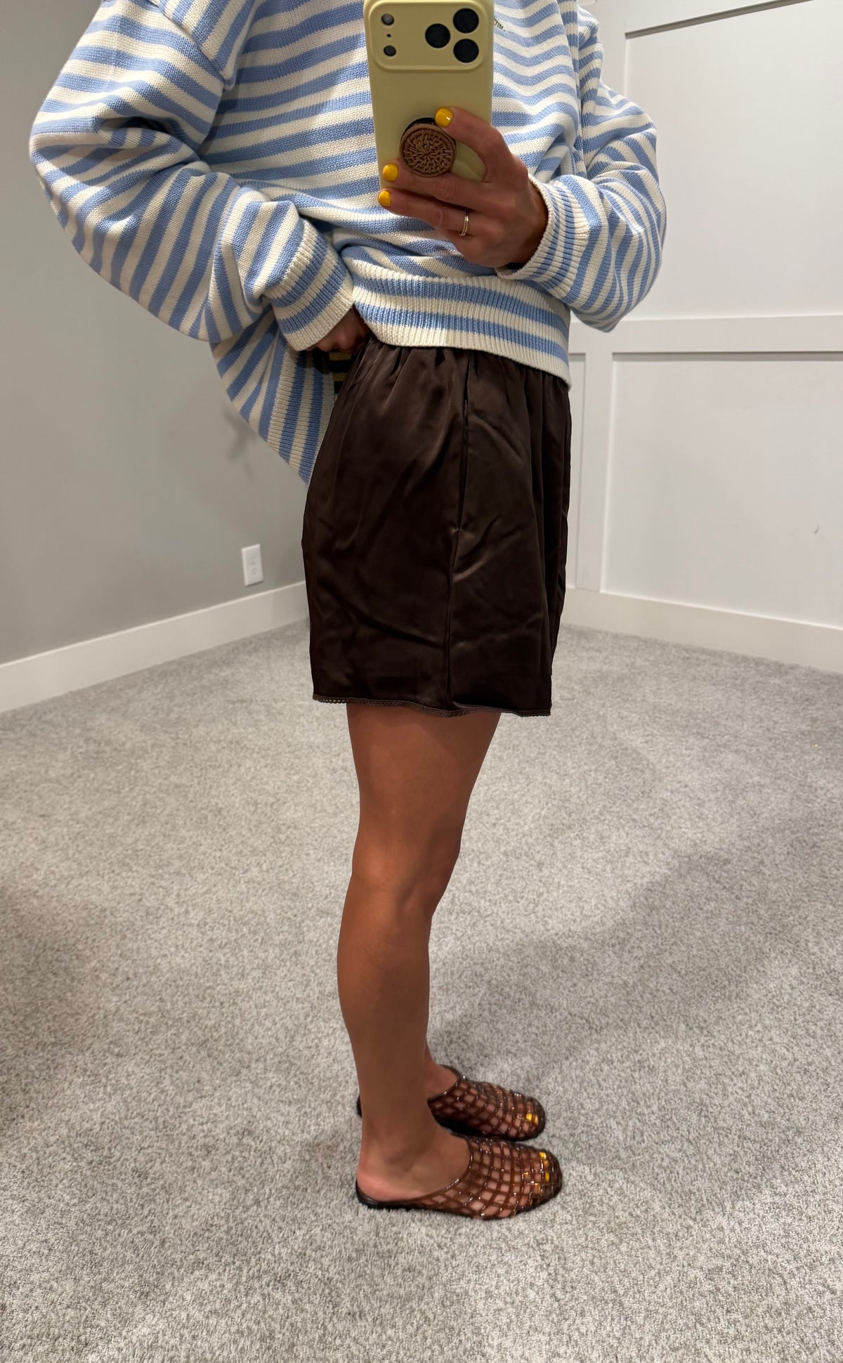 Scallop Trim Satin Shorts | Espresso