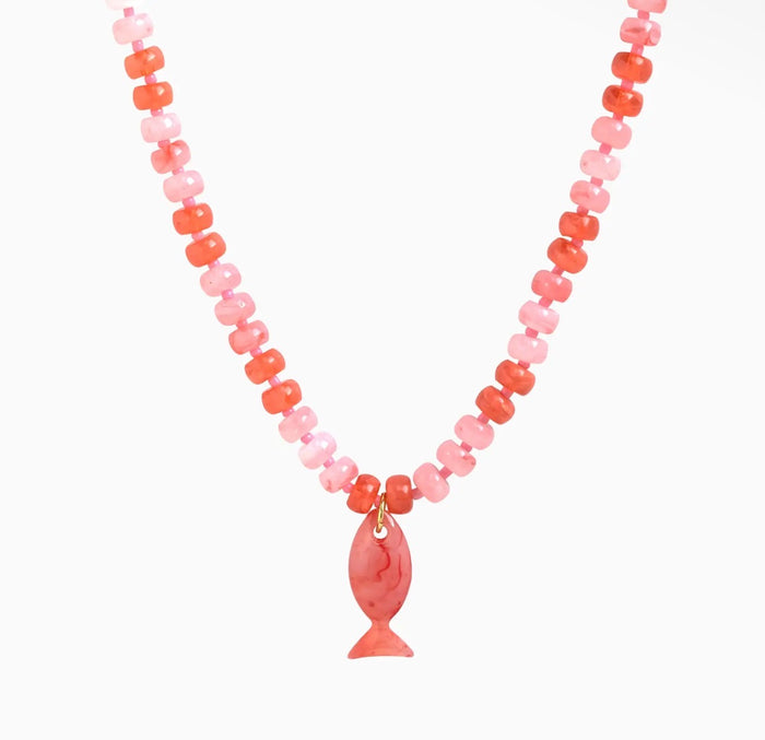 Pink Cherry Splash Marble Fish Beaded Necklace
