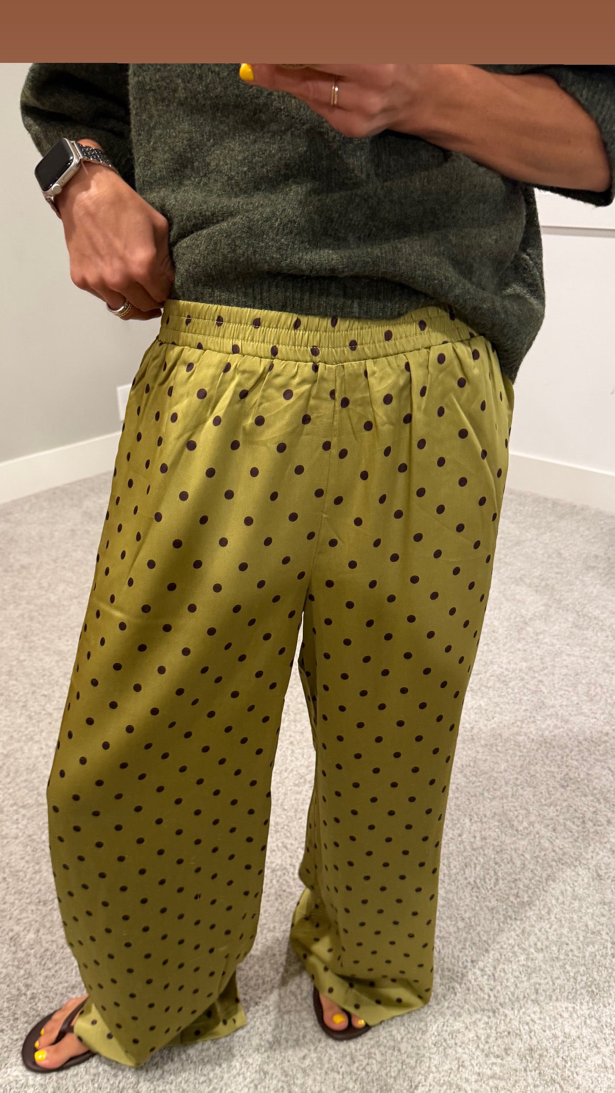 Mossy Satin Polka Dot Pants | Moss Green/Brown
