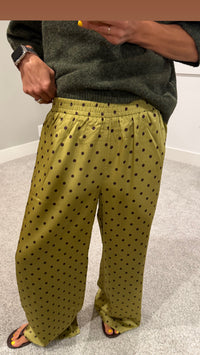 Mossy Satin Polka Dot Pants | Moss Green/Brown
